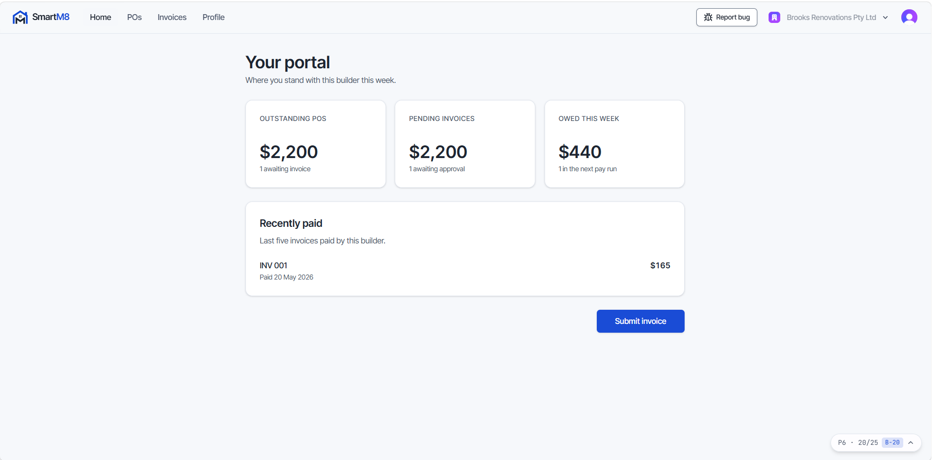 The SmartM8 contractor pay run. Approved contractor invoices are gathered into a weekly run, each line showing the contractor, the job, the invoice number and the amount, with the run total ready to push to Xero as bills.