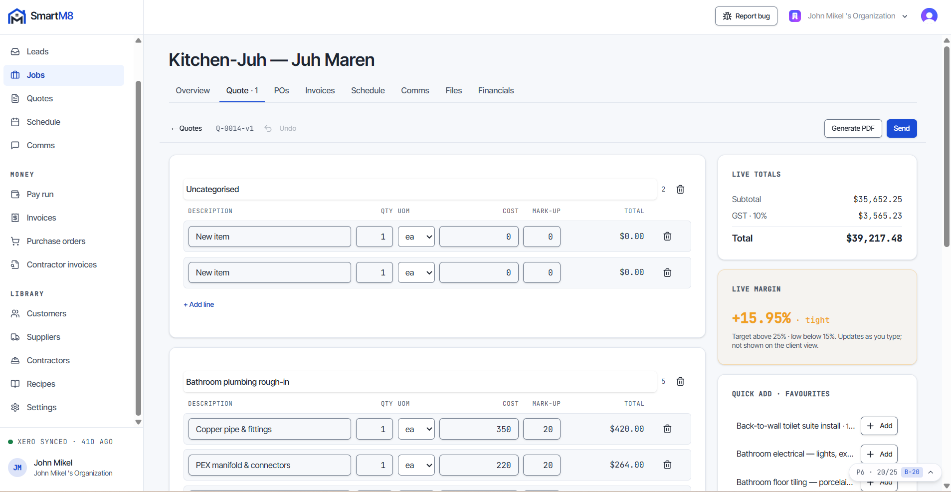 The SmartM8 quote builder. Line items are grouped into categories, each drawn from a costed recipe, with quantity, unit, unit cost and line total. A live margin indicator sits beside the totals and updates as the price changes, so the margin is visible while the quote is still being written.
